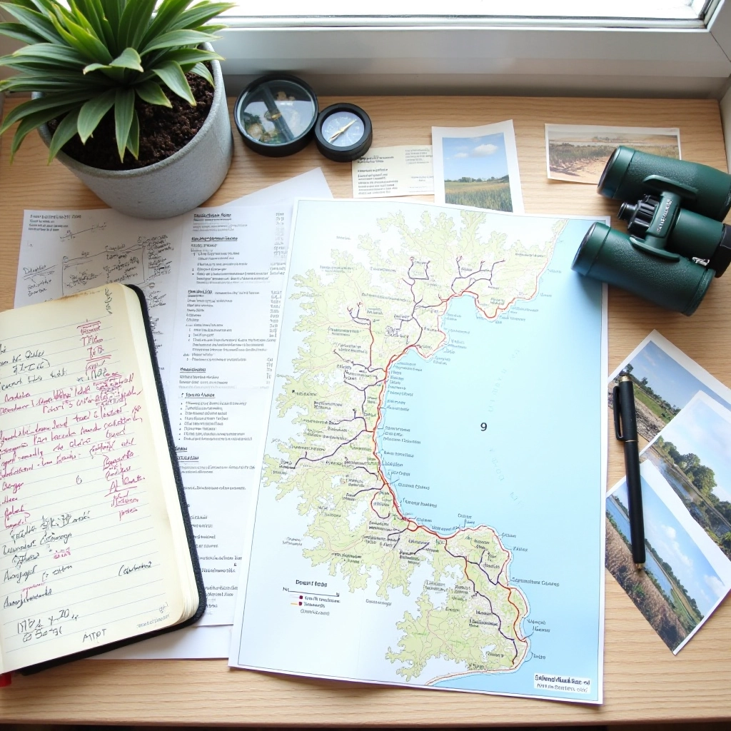 Editorial team workspace with research materials, maps, tide charts and walking route notes spread across desk